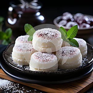 Delicate mochi desserts topped with desiccated coconut sit on a black plate, garnished with fresh mint leaves