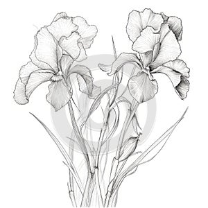 Delicate Monochrome Line Drawing Of Iris Flowers And Leaves