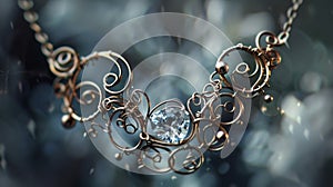 A delicate necklace crafted from intricate wirework featuring a sparkling crystal pendant nestled a delicate loops and