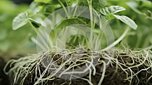 A of delicate pale green roots spreading out from a small circular soilless growing medium. The roots are covered in a