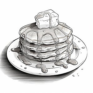 Delicate Pancake Stack: Black And White Cartoon Drawing In The New Yorker Style