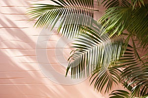 Delicate pastel background with shadows of tropical plants on light wall, botanical aesthetics, Peach Fuzz color