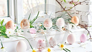 Delicate Pastel Easter Eggs and Spring Daffodils on Bright Window Sill