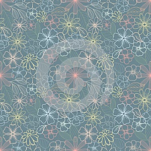 Delicate pastel flowers in a retro style. Plant contours seamless pattern. Stylized plants
