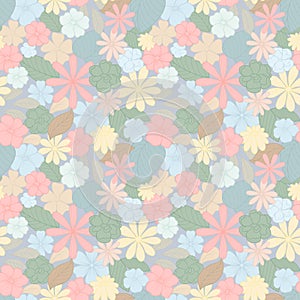 Delicate pastel flowers in a retro style. Seamless floral pattern. Stylized plants
