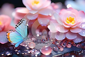 Delicate pastel pink and blue flowers with a butterfly and dew drops. close-up. Playground AI platform.