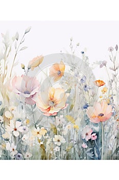 Delicate Pastel Whispy Watercolor Flowers and Daffodils AI Generated
