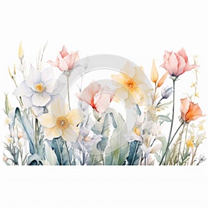 Delicate Pastel Whispy Watercolor Flowers and Daffodils AI Generated