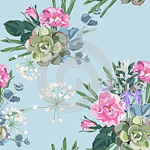 Delicate pattern of dog roses flowers. Roses, herbs and succulent. Design for cloth, wallpaper, gift wrapping photo