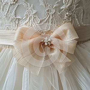 Delicate peach fuzz bow on wedding dress