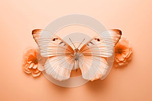 Delicate peach fuzz butterfly resting on flowers on minimal background