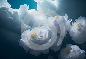 Delicate peonies on the background of clouds