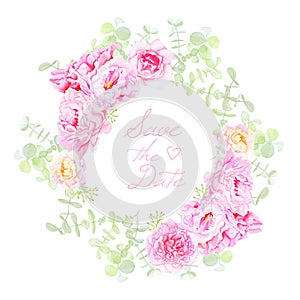 Delicate peonies wreath round vector frame