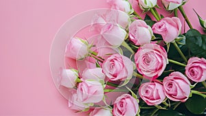 Delicate pink background with blooming roses in close up view