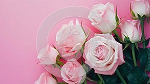 Delicate pink background with blooming roses in close up view