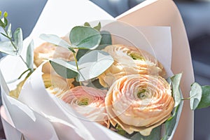 Delicate pink and beige ranunculus in paper packaging close-up. selective focus, low depth of field
