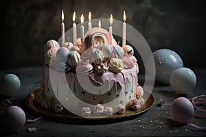 delicate pink bunt birthday cake with burning candles and decorations