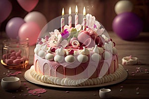 delicate pink bunt birthday cake with burning candles and decorations