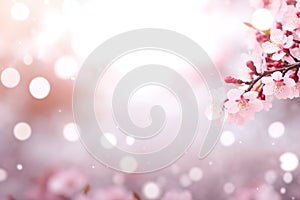 A delicate pink cherry blossom branch in full bloom forms a beautiful border against a spring background. Flower frame photo