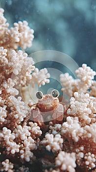 Pink crab amid soft coral in underwater setting. photo