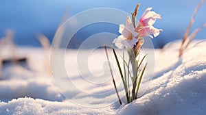 Delicate Pink Flower Blooming In Snow: Whimsical Backlit Photography