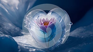 A delicate pink flower in the middle of an icy heart. The concept of overcoming coldness in relationships. Generation AI