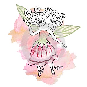 Delicate pink girly watercolor illustration of a fairy in a bellflower dress and green wings-leaves on the background of a