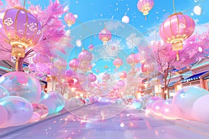 Delicate pink lanterns float over a cherry blossom-lined street under a clear blue sky, creating a whimsical and festive photo