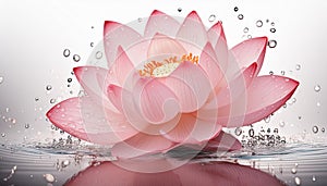 A delicate pink lotus with water droplets against a white background, symbolizing purity