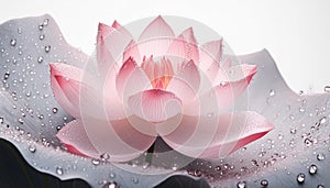 A delicate pink lotus with water droplets against a white background, symbolizing purity