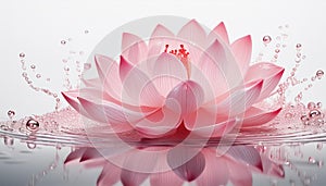 A delicate pink lotus with water droplets against a white background, symbolizing purity