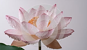 A delicate pink lotus with water droplets against a white background, symbolizing purity