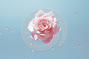 A delicate pink rose floats amidst sparkling water droplets on a tranquil blue backdrop, creating a scene of serene beauty and