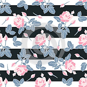 Delicate pink roses with black stripes seamless pattern. Hand drawn flat silhouettes with white outline. Retro floral