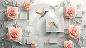 Pastel Pink Roses and Hummingbirds 3D Decor