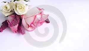 Delicate pink roses on a white background. Festive flower arrangement.