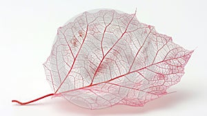 Delicate pink skeleton leaf on white background