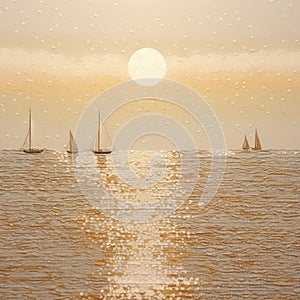 Delicate Pointillism Seascape: Four Sail Boats In Golden Sunset