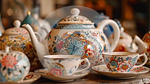 Delicate porcelain teapots and cups each one uniquely painted with vibrant patterns adding to the elegant atmosphere