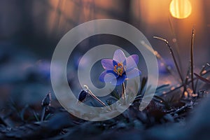 A delicate purple crocus stands proudly in a mystical twilight setting