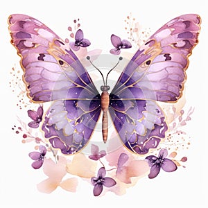 Delicate purple watercolor butterfly with golden veins and pink flowers