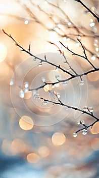 Raindrops glisten on bare branches in a serene winter setting