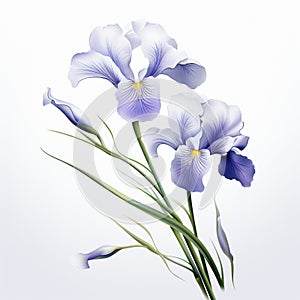 Delicate Realism: Blue Iris Flowers On White Background