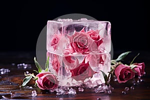 Delicate Red rose ice cube. Generate Ai