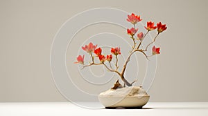 Delicate Red Tree In White Pottery: Zen-inspired Bonsai With Minimalist Aesthetics