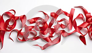 Delicate red wavy ribbon isolated on white background. New Year or Christmas holidays decoration concept. Created with