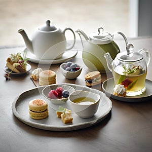 Delicate and refreshing Sencha tea in a teapot with sweet treats on table