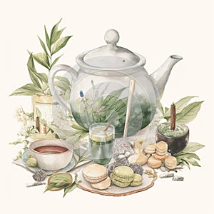 Delicate and refreshing Sencha tea in a teapot with sweet treats on table
