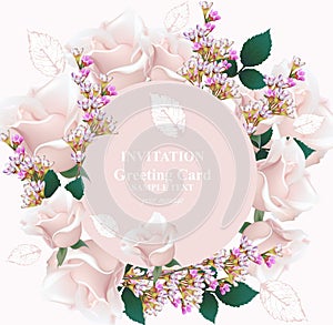 Delicate rose and lavender flowers Card vector. Round wreath frame. Primrose pink colors