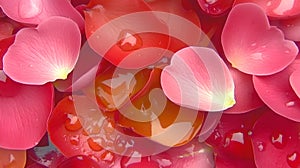 Rose petals floating in water with drops of water in the background photo